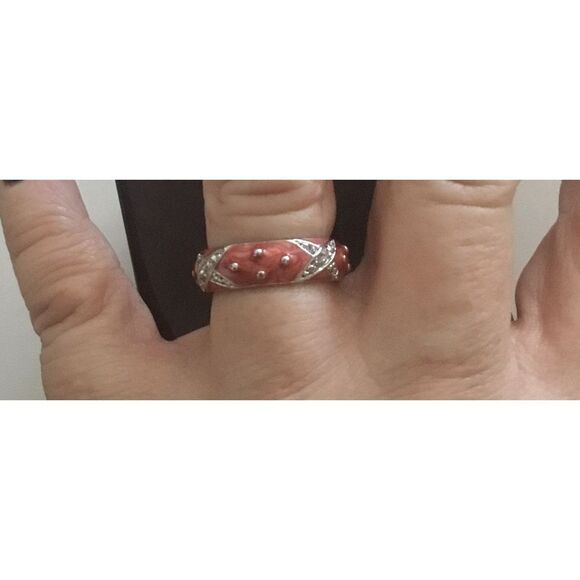 Silver Pink Enamel & CZ "X" Stack Band Ring Sz 8 - Picture 4 of 4